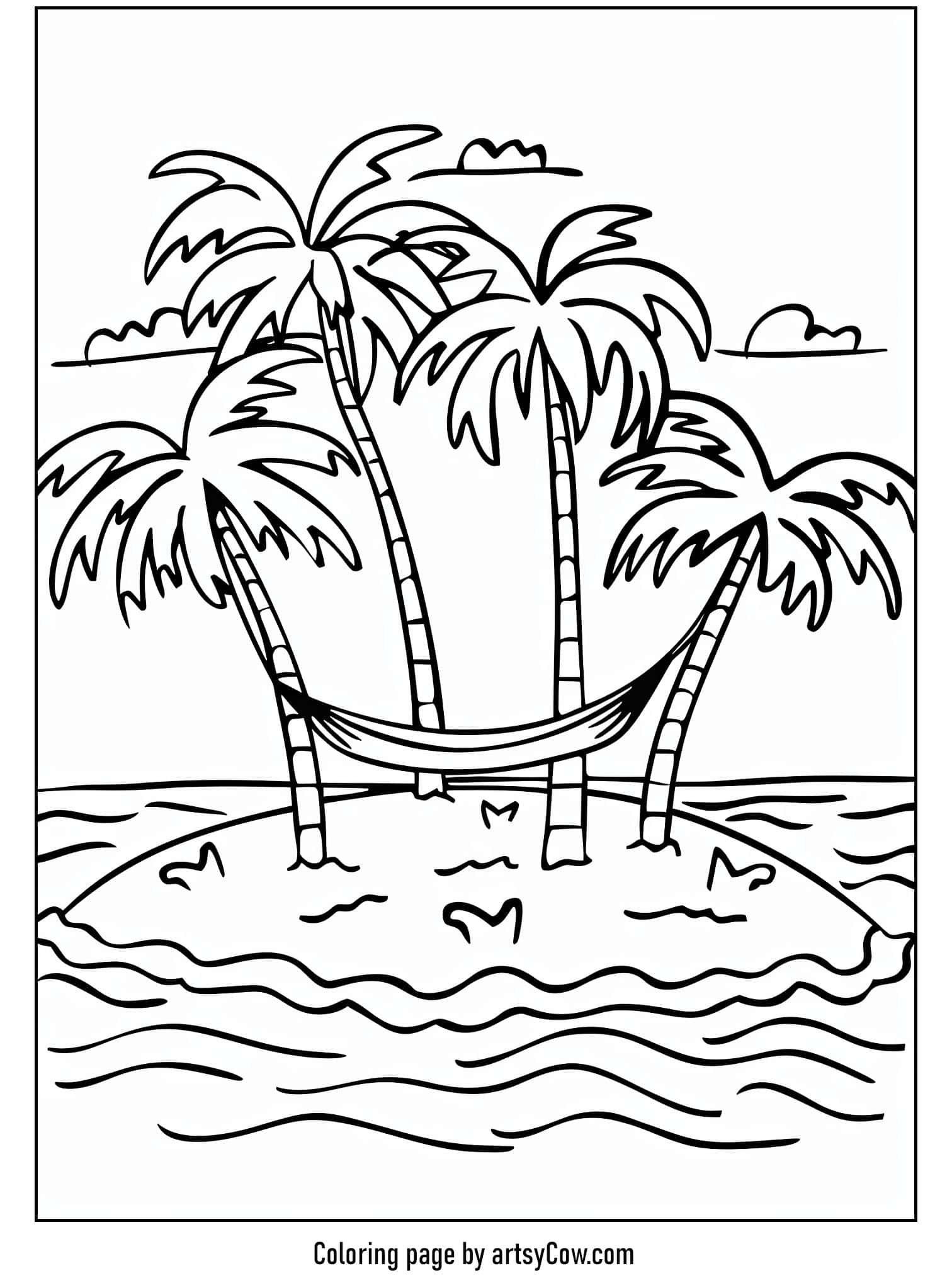 A serene illustrated coloring page featuring a small island with three palm trees and a hammock